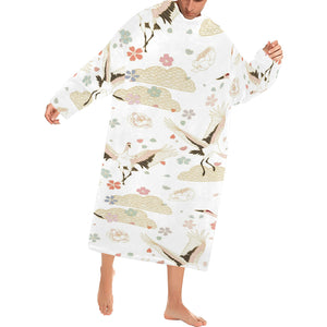 Beautiful Japanese cranes pattern Blanket Robe with Sleeves