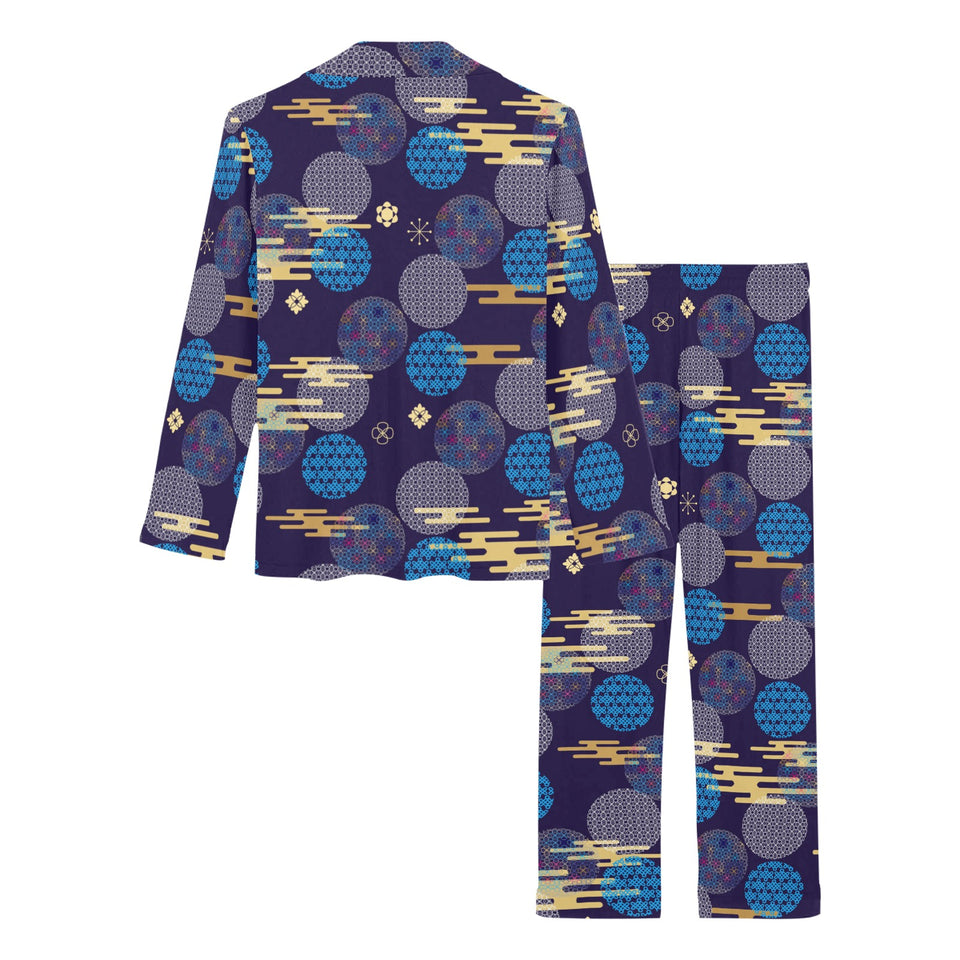 Blue japanese pattern cloud wave flower Women's Long Pajama Set