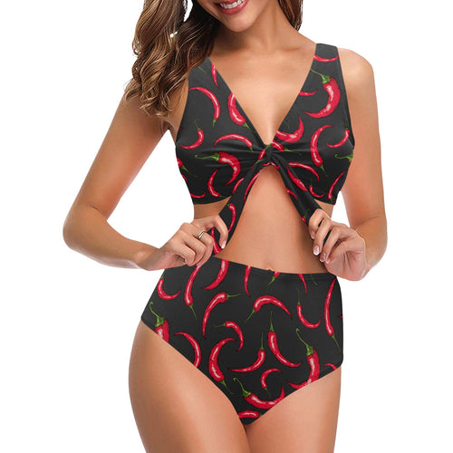 Chili peppers pattern black background Chest Bowknot High Waisted Bikini Swimsuit
