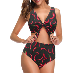 Chili peppers pattern black background Chest Bowknot High Waisted Bikini Swimsuit