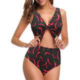 Chili peppers pattern black background Chest Bowknot High Waisted Bikini Swimsuit