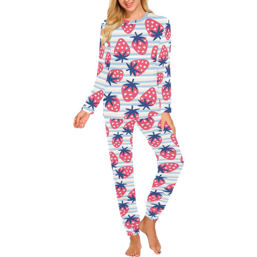 Strawberry pattern blue lines background Women's All Over Print Pajama Set