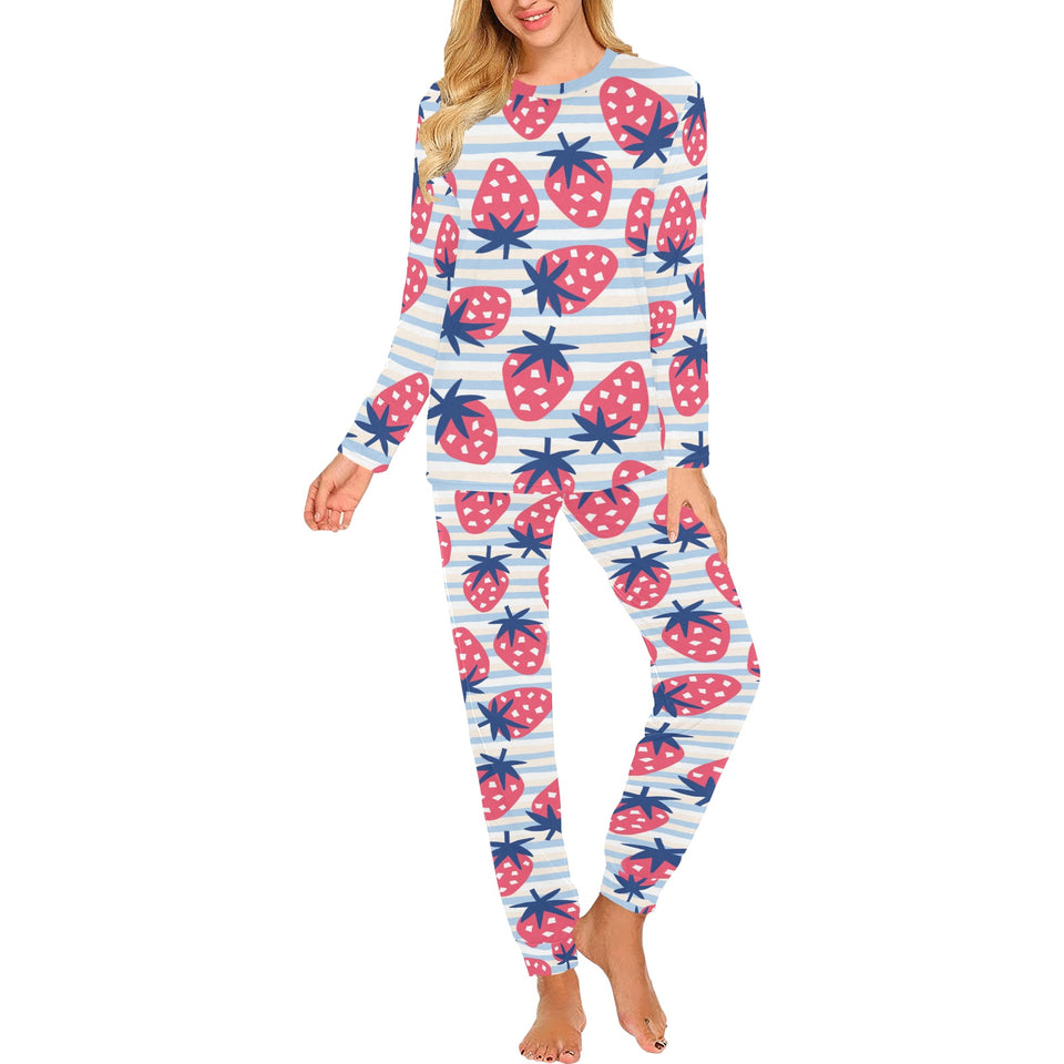 Strawberry pattern blue lines background Women's All Over Print Pajama Set