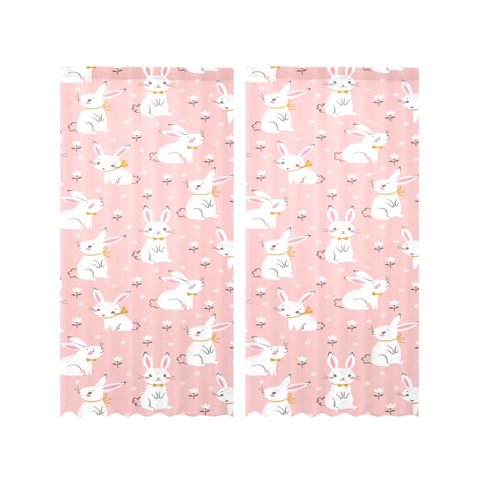 Cute white rabbit flower pink background Gauze Curtain