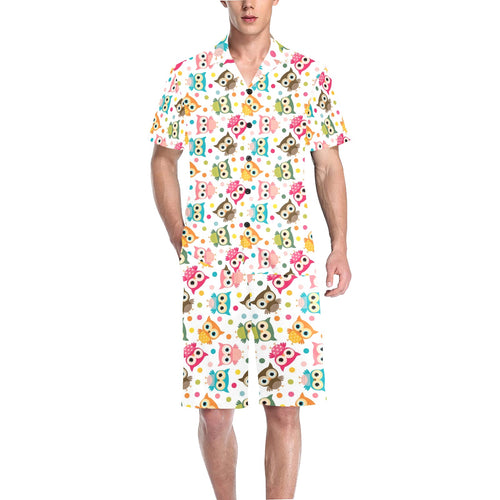 Color cute owl pattern Men's V-Neck Short Pajama Set