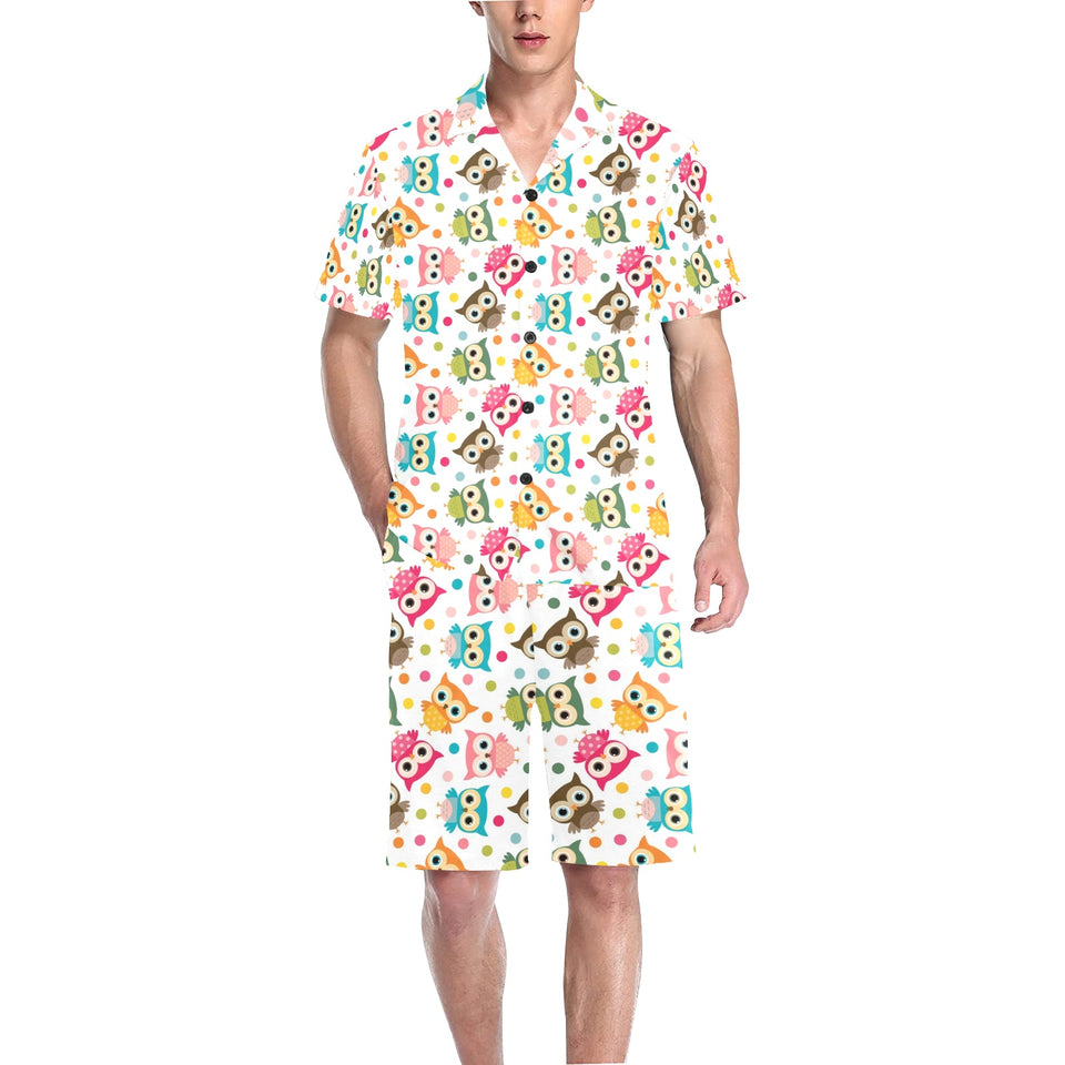 Color cute owl pattern Men's V-Neck Short Pajama Set