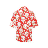 Cute Maneki neko cat red background Women's All Over Print Hawaiian Shirt
