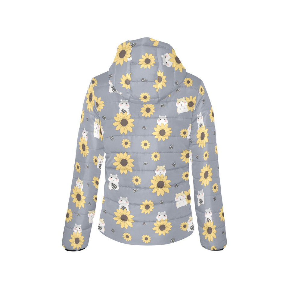 Cute hamster sunflower pattern background Women's Padded Hooded Jacket