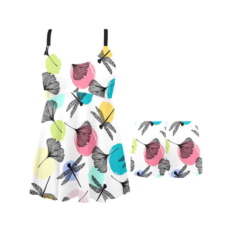 Dragonflies ginkgo leaves pattern Chest Sexy Pleated Two Piece Swim Dress