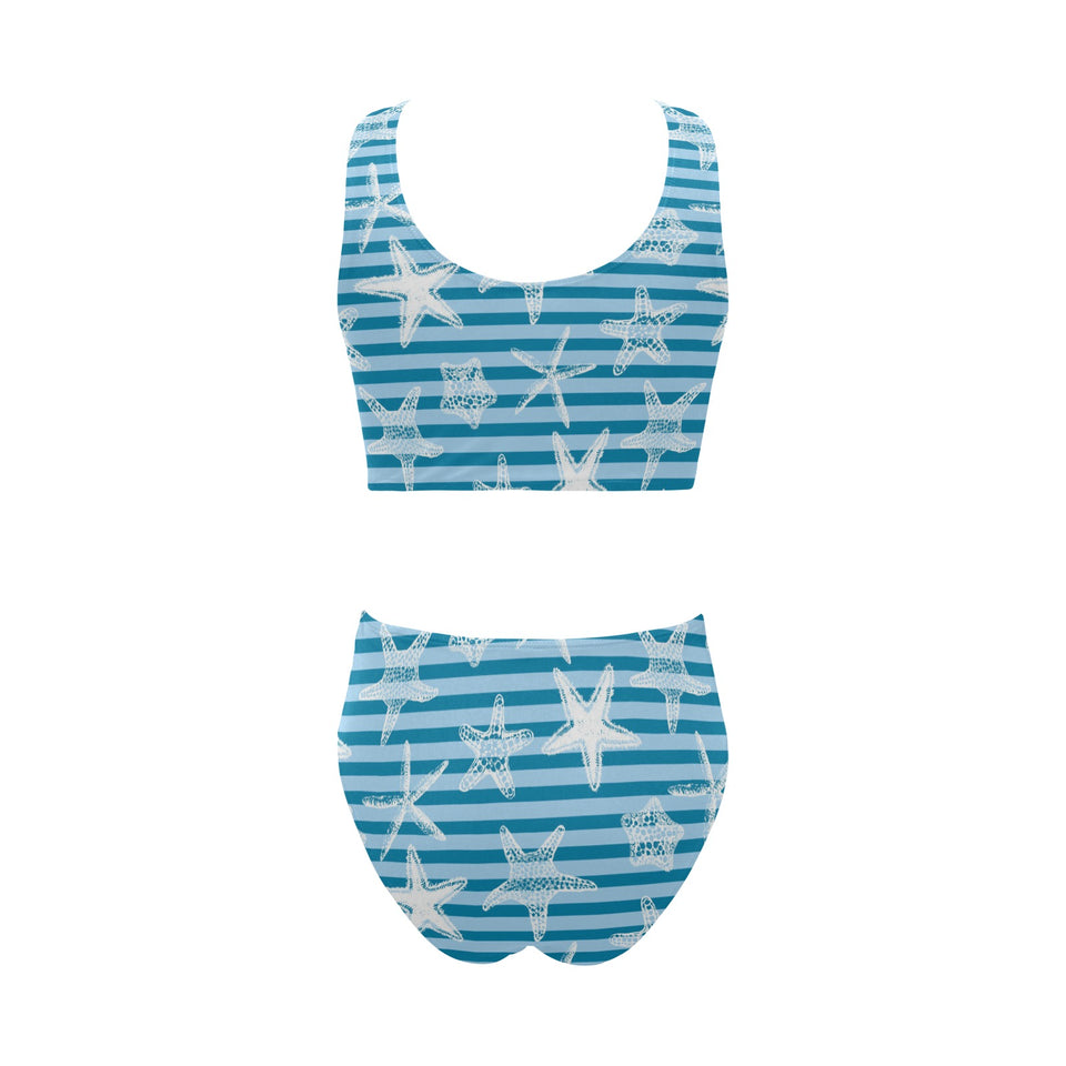 Starfish blue blackground Chest Bowknot High Waisted Bikini Swimsuit