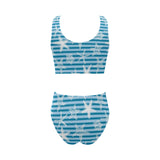 Starfish blue blackground Chest Bowknot High Waisted Bikini Swimsuit