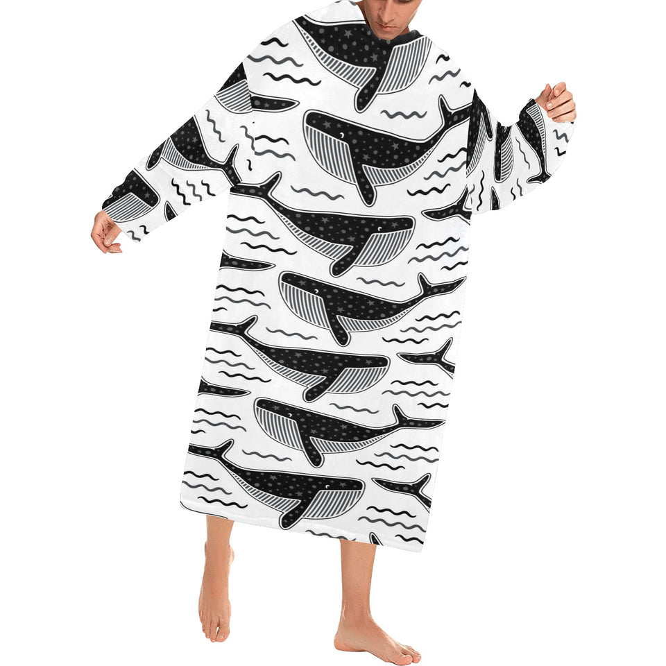 Black whale pattern Blanket Robe with Sleeves