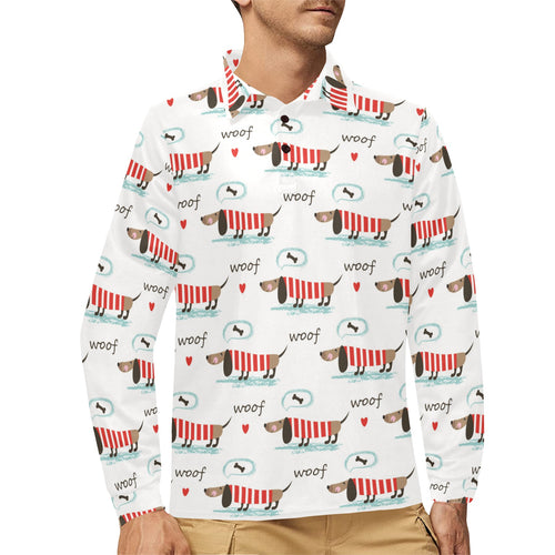 Cute dachshund bone pattern Men's Long Sleeve Polo Shirt