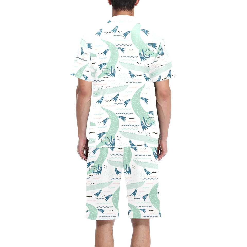 Crocodile diver pattern Men's V-Neck Short Pajama Set