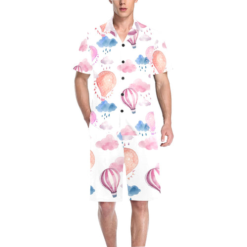 Watercolor air balloon cloud pattern Men's V-Neck Short Pajama Set