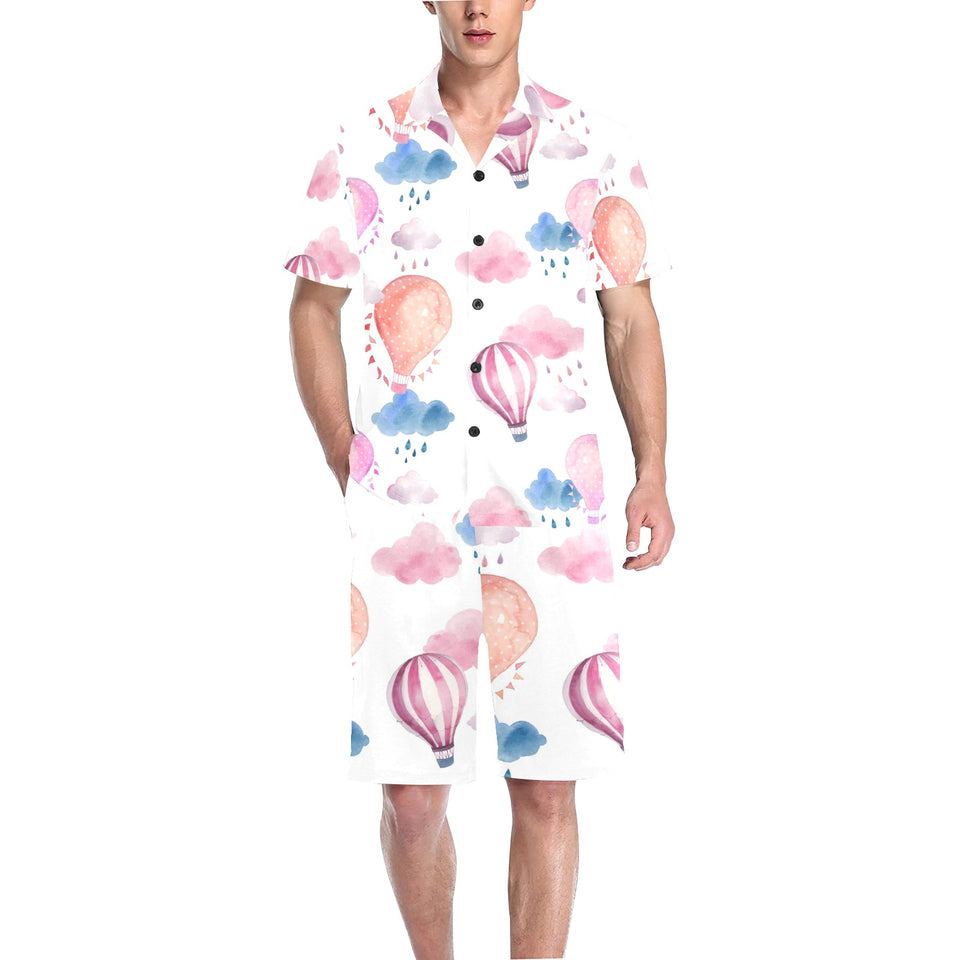 Watercolor air balloon cloud pattern Men's V-Neck Short Pajama Set