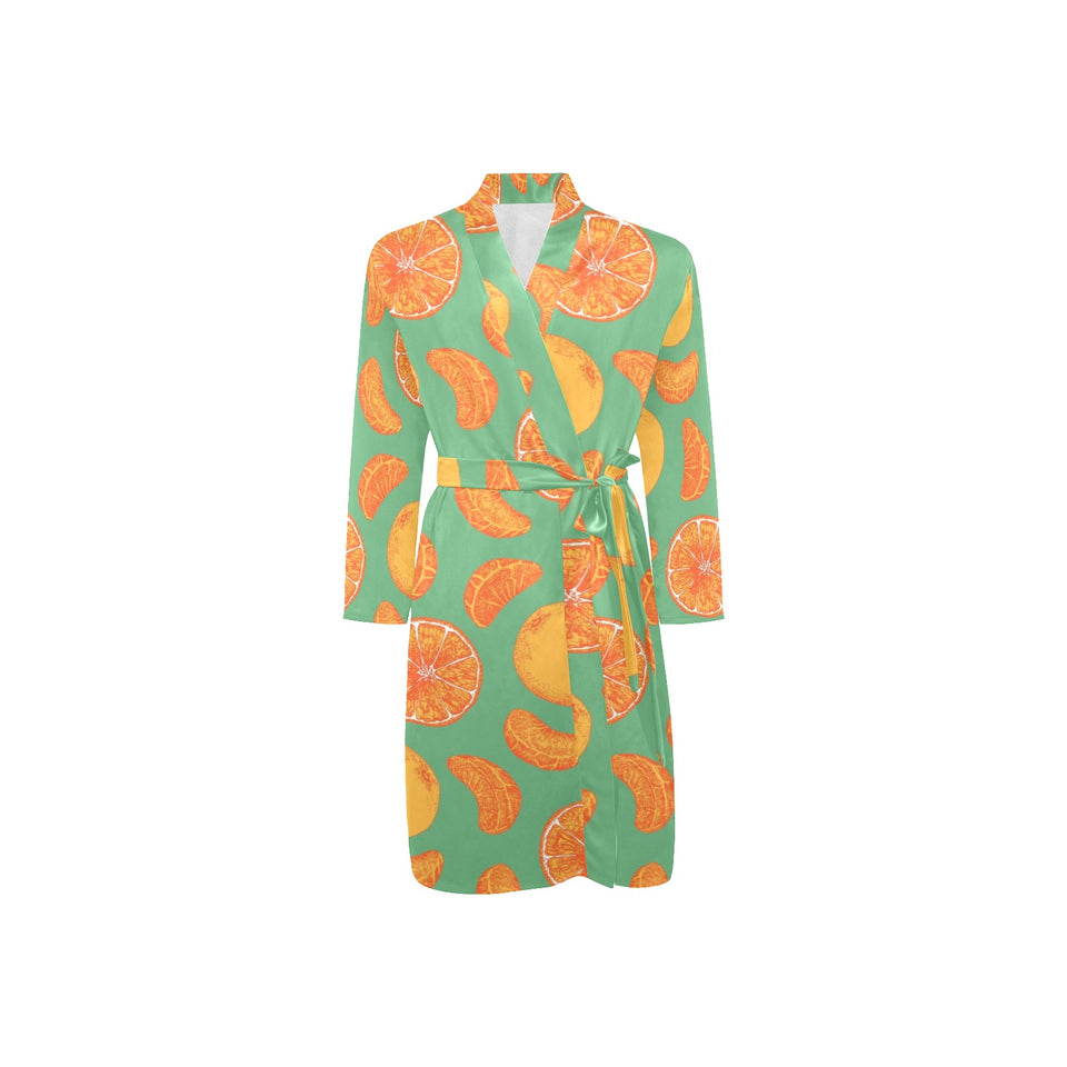 orange fruit pattern green background Men's Long Sleeve Belted Night Robe