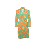 orange fruit pattern green background Men's Long Sleeve Belted Night Robe