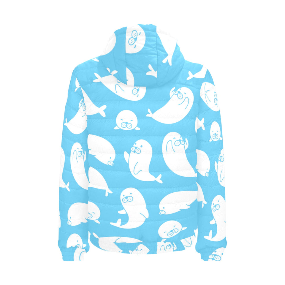 Cute white sea lion seals pattern Men's Padded Hooded Jacket