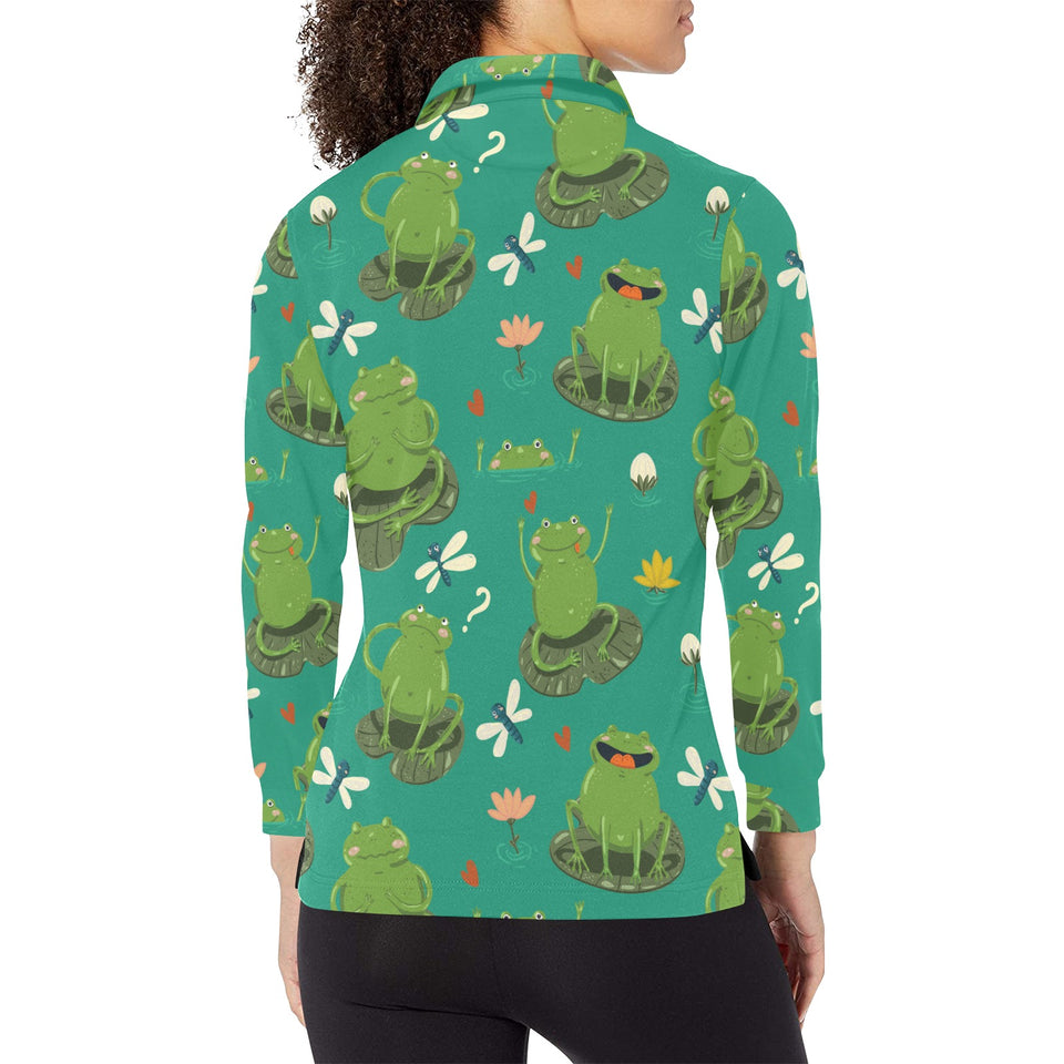 Cute frog dragonfly design pattern Women's Long Sleeve Polo Shirt