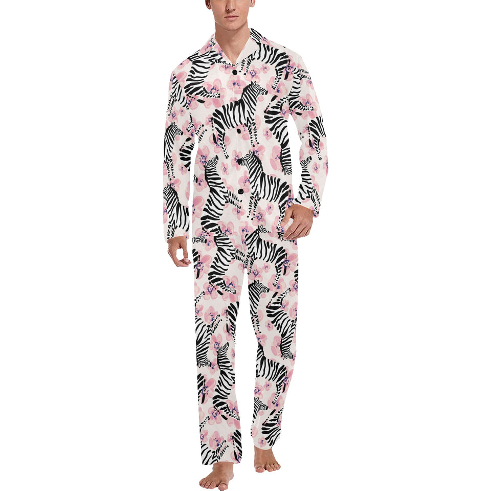 Zebra pink flower background Men's Long Pajama Set