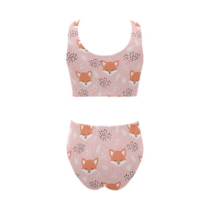 Cute fox pattern pink background Chest Bowknot High Waisted Bikini Swimsuit