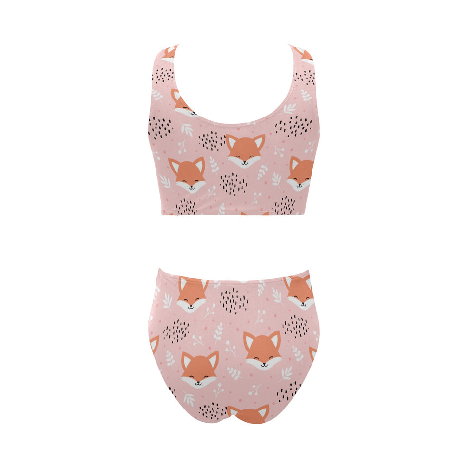Cute fox pattern pink background Chest Bowknot High Waisted Bikini Swimsuit