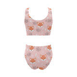 Cute fox pattern pink background Chest Bowknot High Waisted Bikini Swimsuit