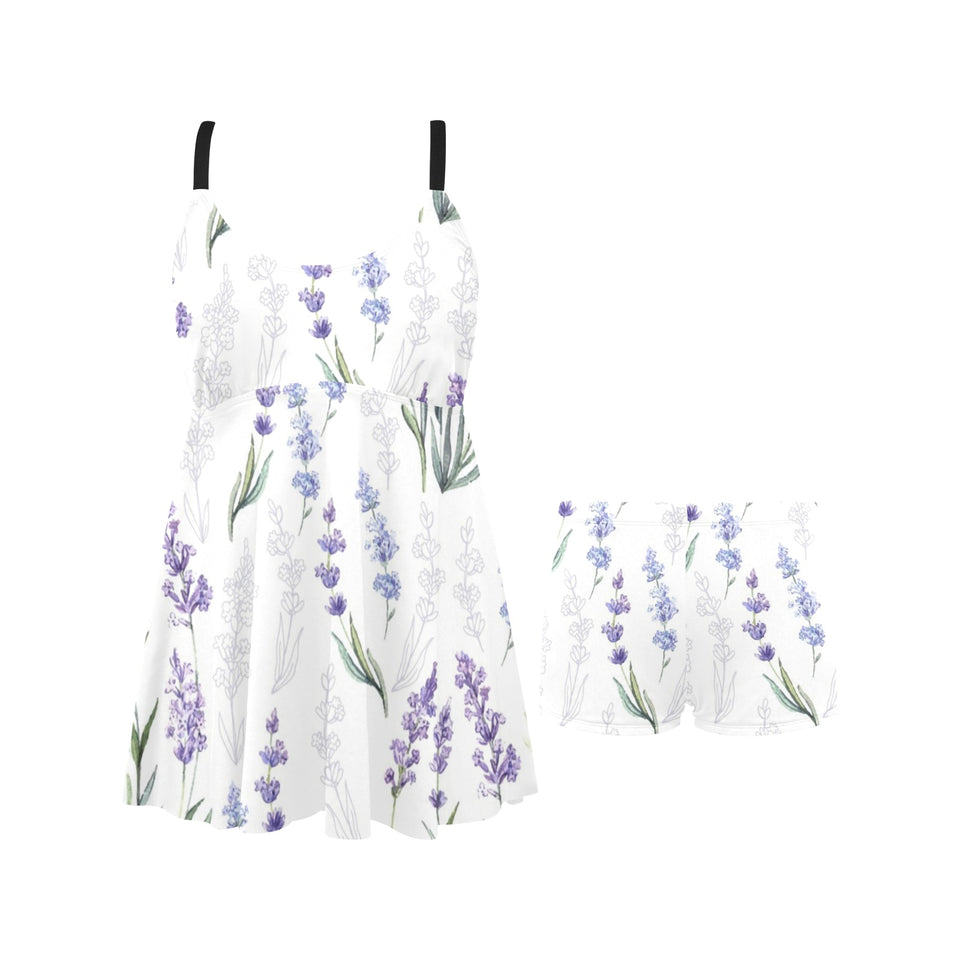 Hand painting Watercolor Lavender Chest Sexy Pleated Two Piece Swim Dress