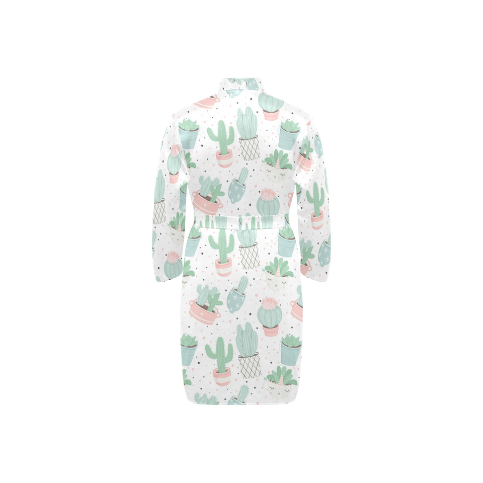 Pastel color cactus pattern Men's Long Sleeve Belted Night Robe