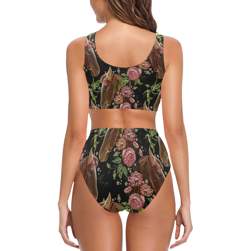 Horse head wild roses pattern Chest Bowknot High Waisted Bikini Swimsuit