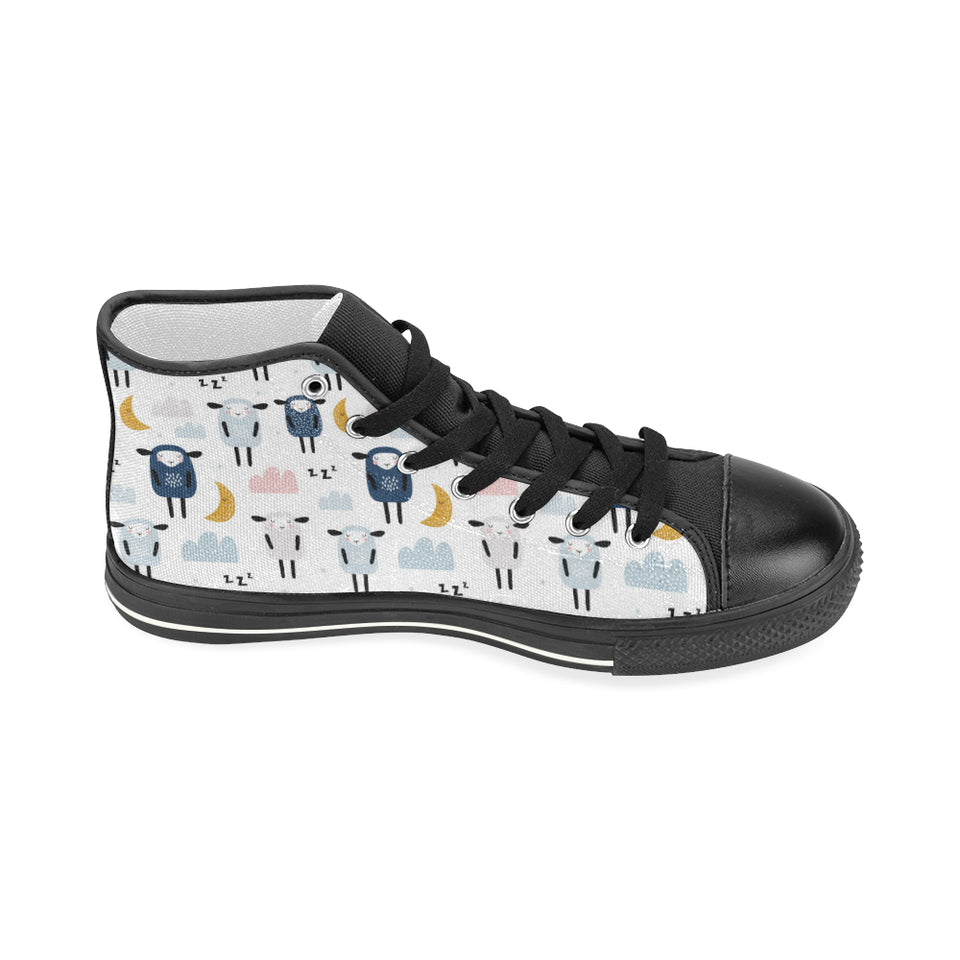 Cute sleeping sheep moon cloud pattern Women's High Top Canvas Shoes Black