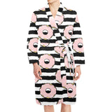Donuts pink icing striped pattern Men's Long Sleeve Belted Night Robe