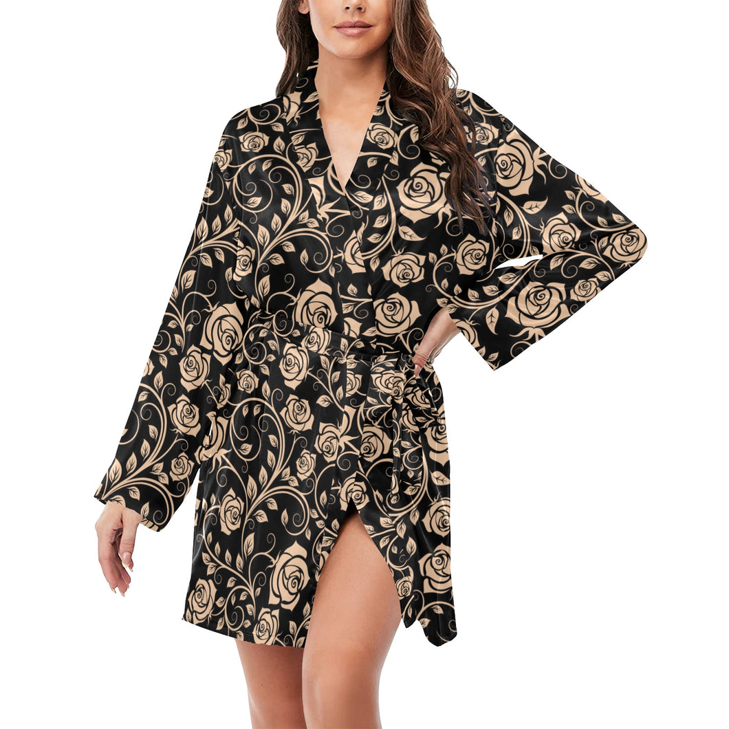 Rose Pattern Print Design 04 Women's Long Sleeve Belted Night Robe