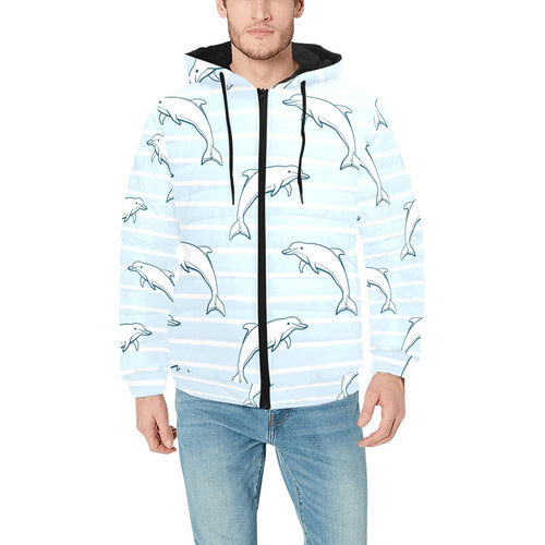 Dolphin blue striped background Men's Padded Hooded Jacket