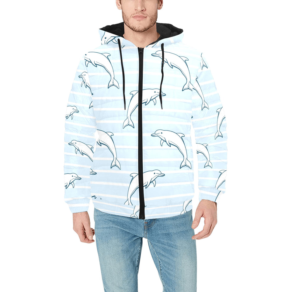 Dolphin blue striped background Men's Padded Hooded Jacket