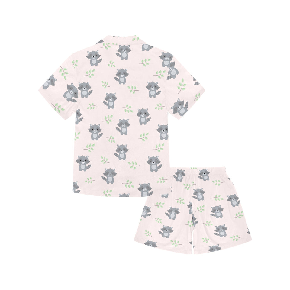 cute raccoons leaves pattern Kids' Boys' Girls' V-Neck Short Pajama Set