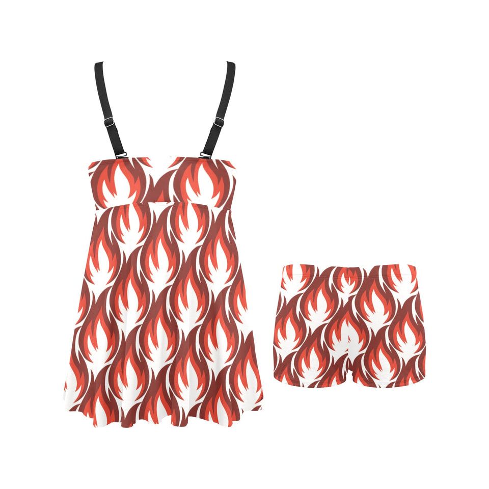 Fire flame symbol design pattern Chest Sexy Pleated Two Piece Swim Dress