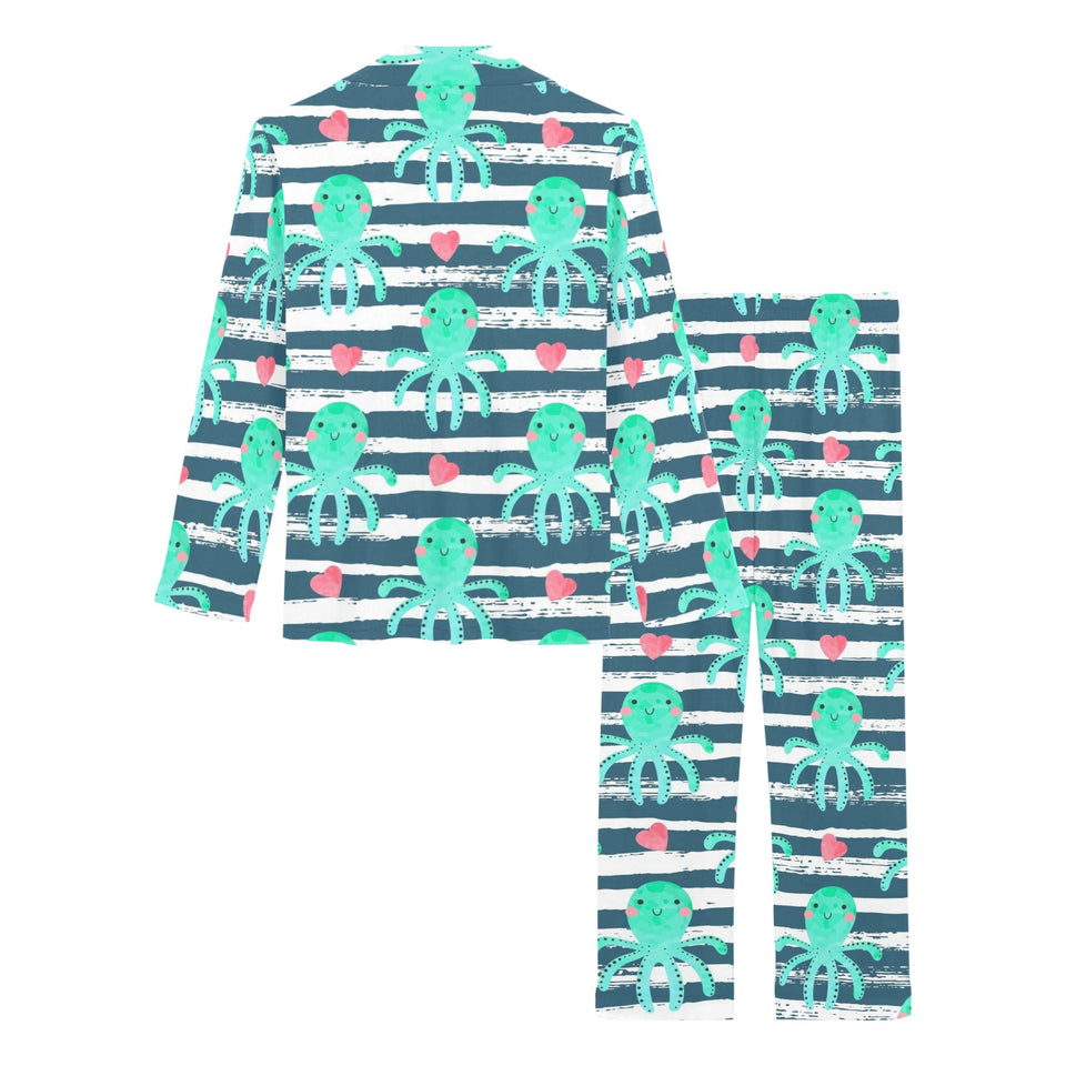 Cute octopuses heart striped background Women's Long Pajama Set