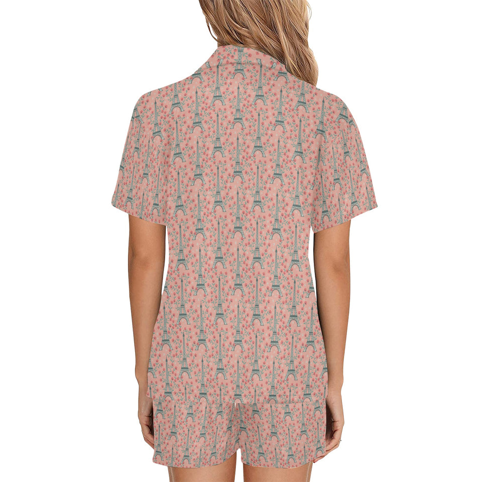 Eiffel Tower Flower Pattern Design 03 Women's V-Neck Short Pajama Set
