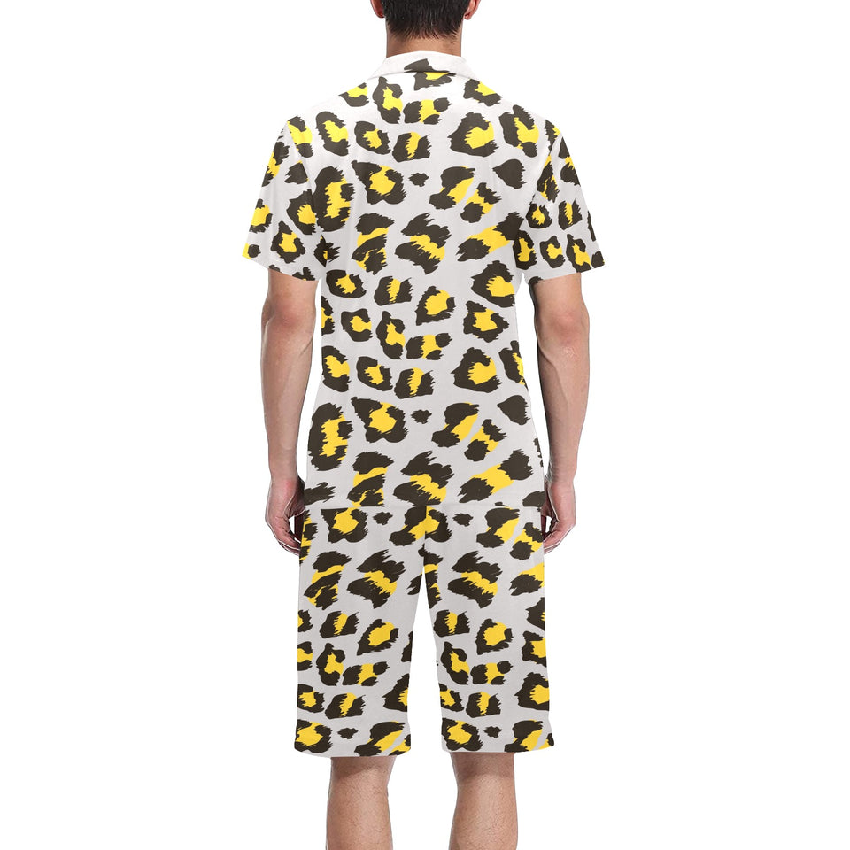 Gray Leopard print pattern Men's V-Neck Short Pajama Set