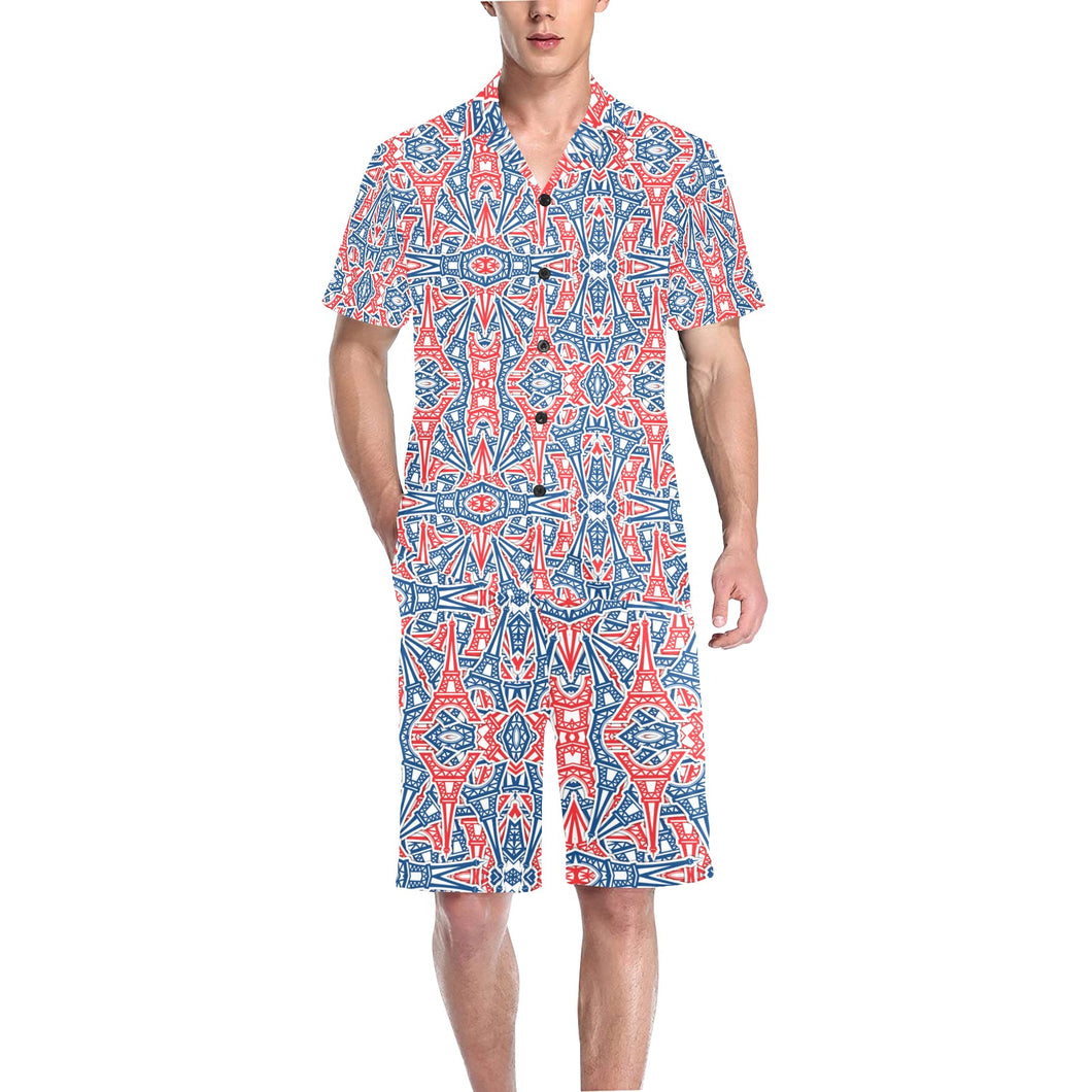 Blue Red Eiffel Tower Pattern Print Design 02 Men's V-Neck Short Pajama Set