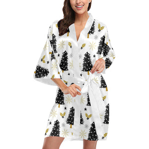 Christmas tree holly snow star pattern Women's Short Kimono Robe