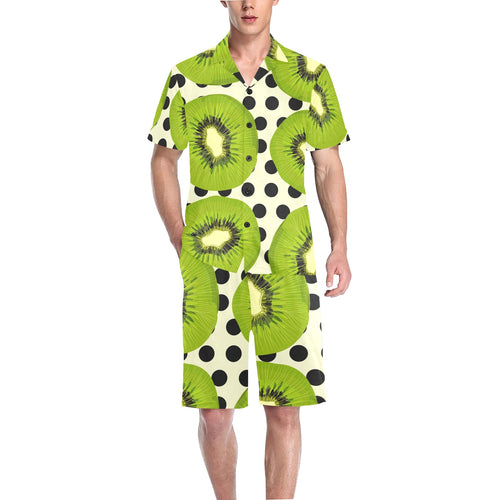 kiwi black dot background Men's V-Neck Short Pajama Set