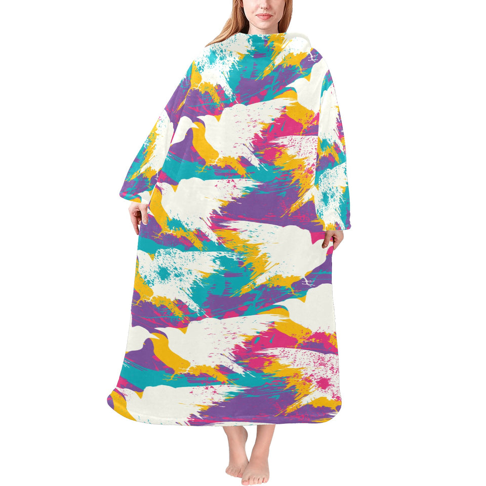 Colorful crow illustration pattern Blanket Robe with Sleeves