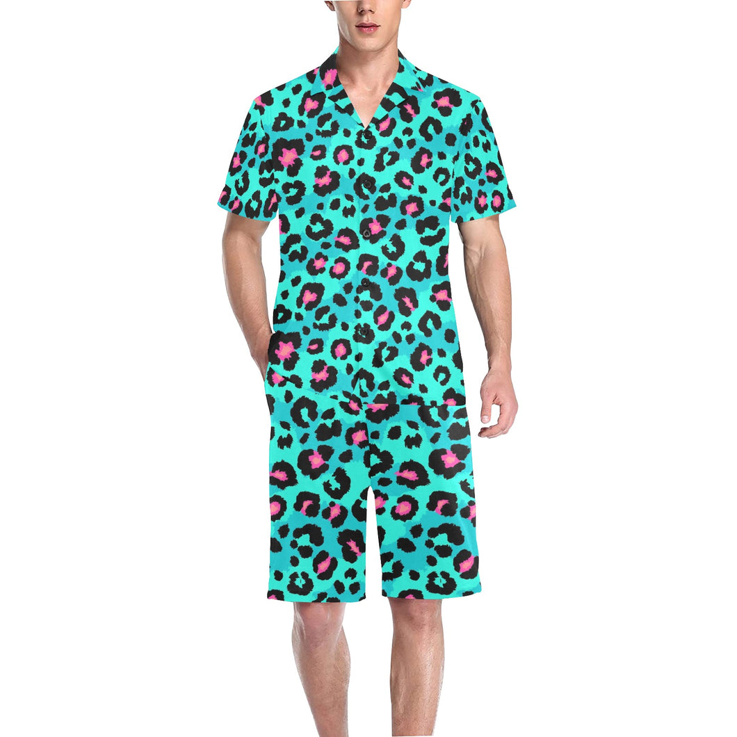 Green leopard skin print pattern Men's V-Neck Short Pajama Set