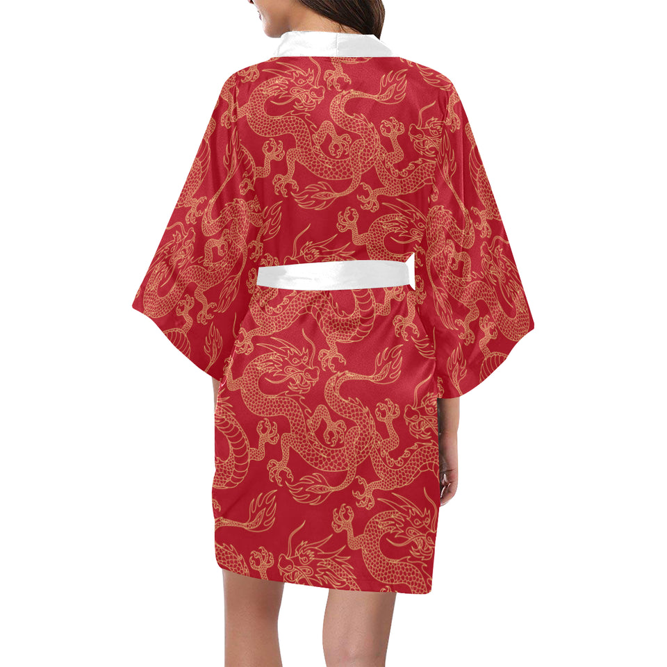 Gold dragons red background Women's Short Kimono Robe
