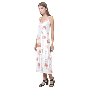 Sushi pattern V-Neck Open Fork Long Dress