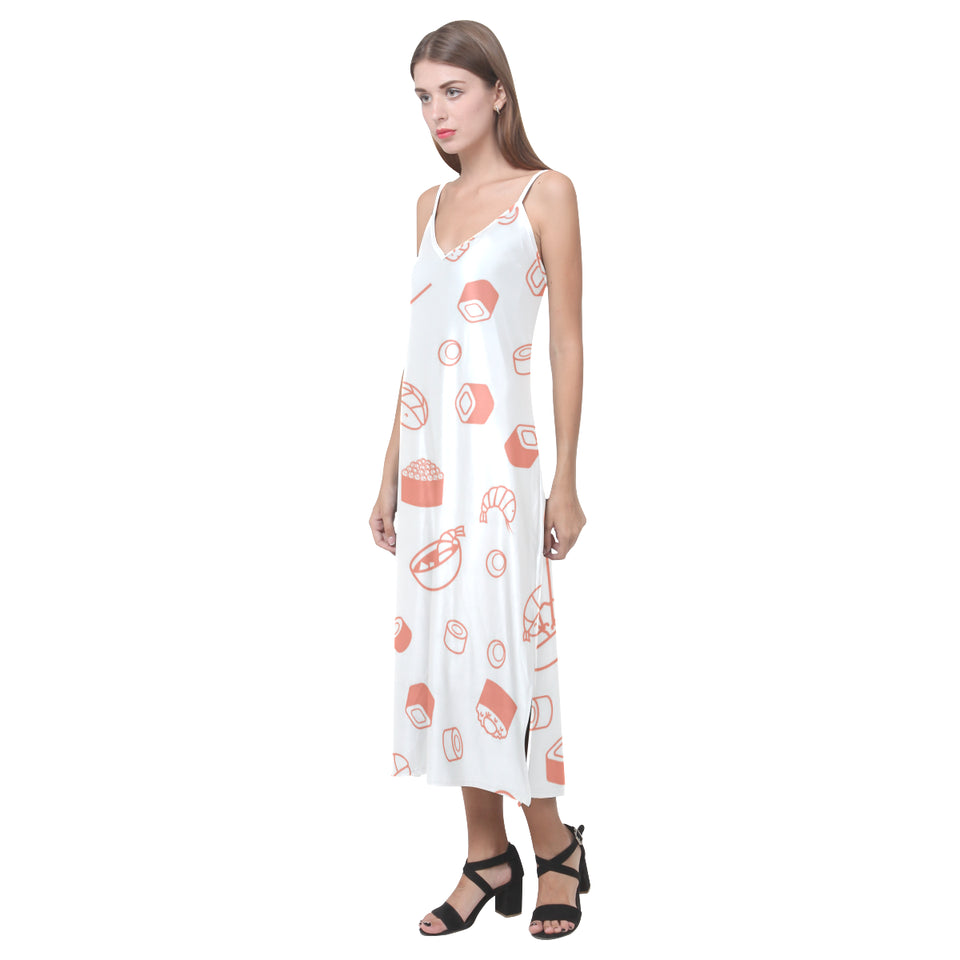 Sushi pattern V-Neck Open Fork Long Dress