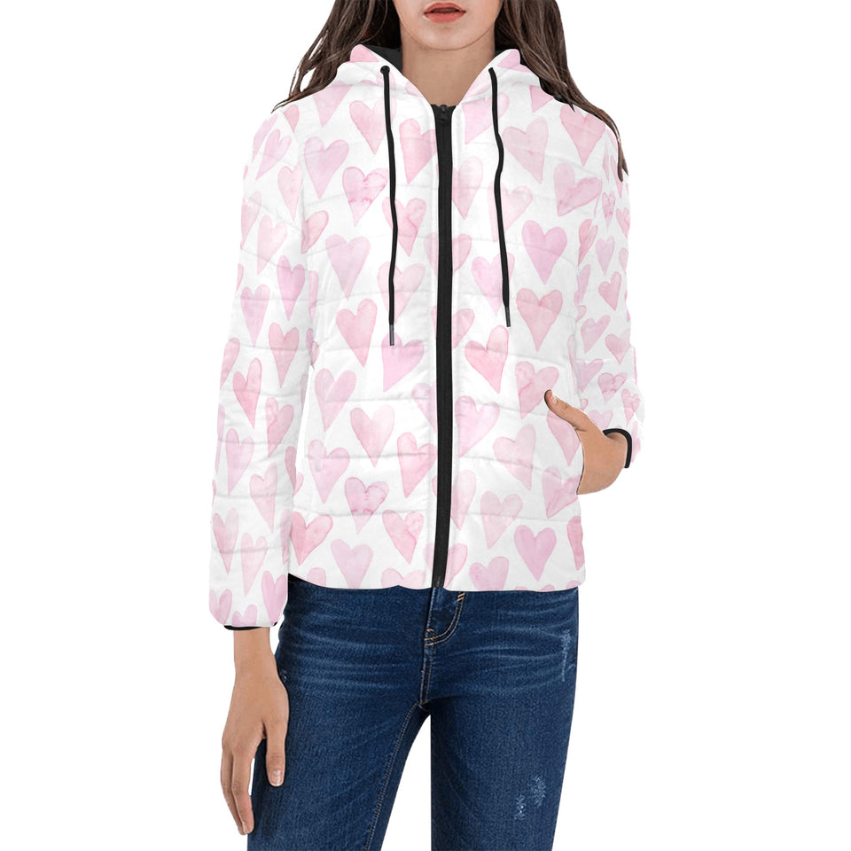 Watercolor pink heart pattern Women's Padded Hooded Jacket